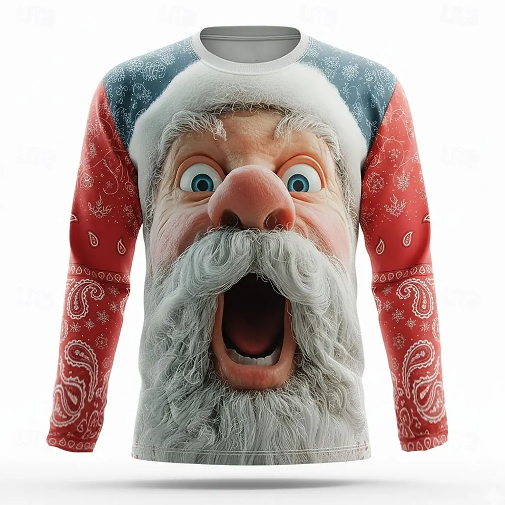 

Men's 3D printed Santa Claus long sleeved T-shirt, round neck T-shirt, fashionable street style casual top