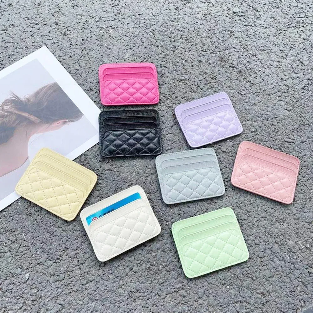 Sheepskin Quilting Credit Card Holder Fashion Luxury Diamond Stichting Mini Wallets For Women Slim Genuine Leather ID Card Case