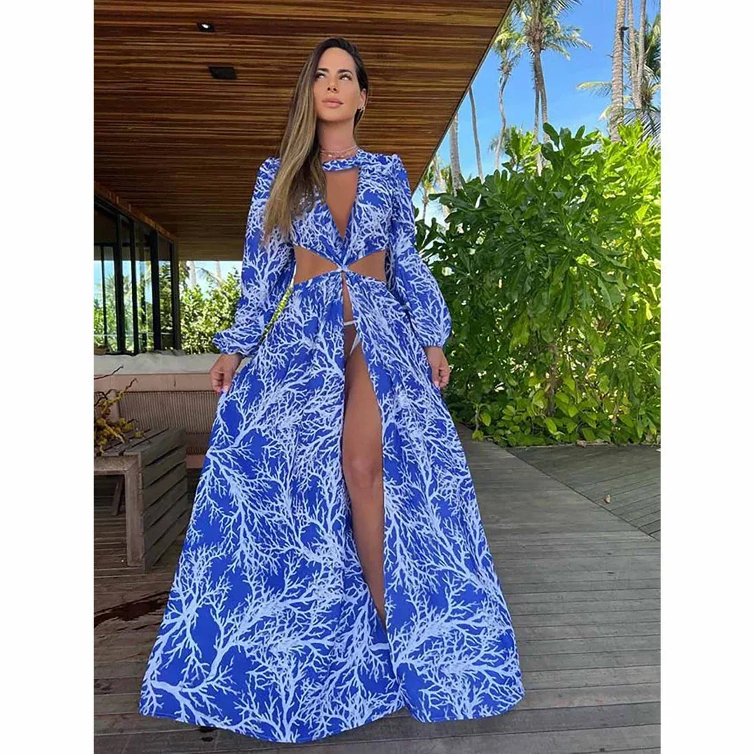 Sukienka plażowa 2024 Bikini Cover Up Print Strój kąpielowy Kobiety Kimono Plus Size Tunika Seksowne stroje kąpielowe z długim rękawem Cover-Ups