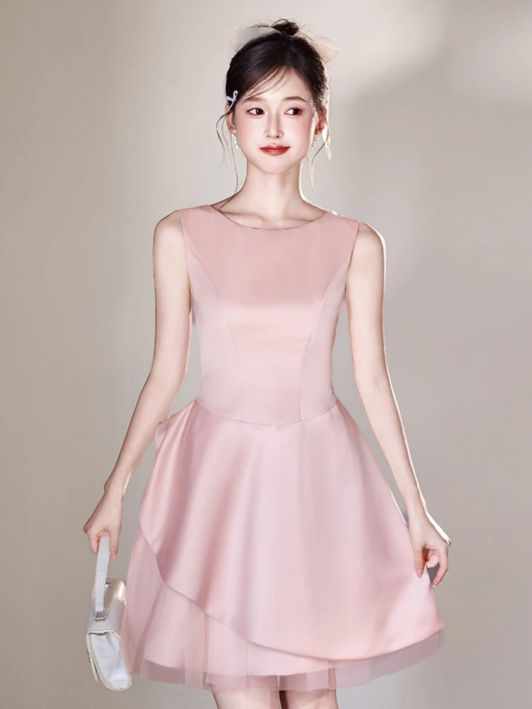 Robe de soirée courte rose en Satin pour femmes, tenue de soirée élégante, col ras du cou, ligne a, légère, de luxe, plissée, pour occasions formelles