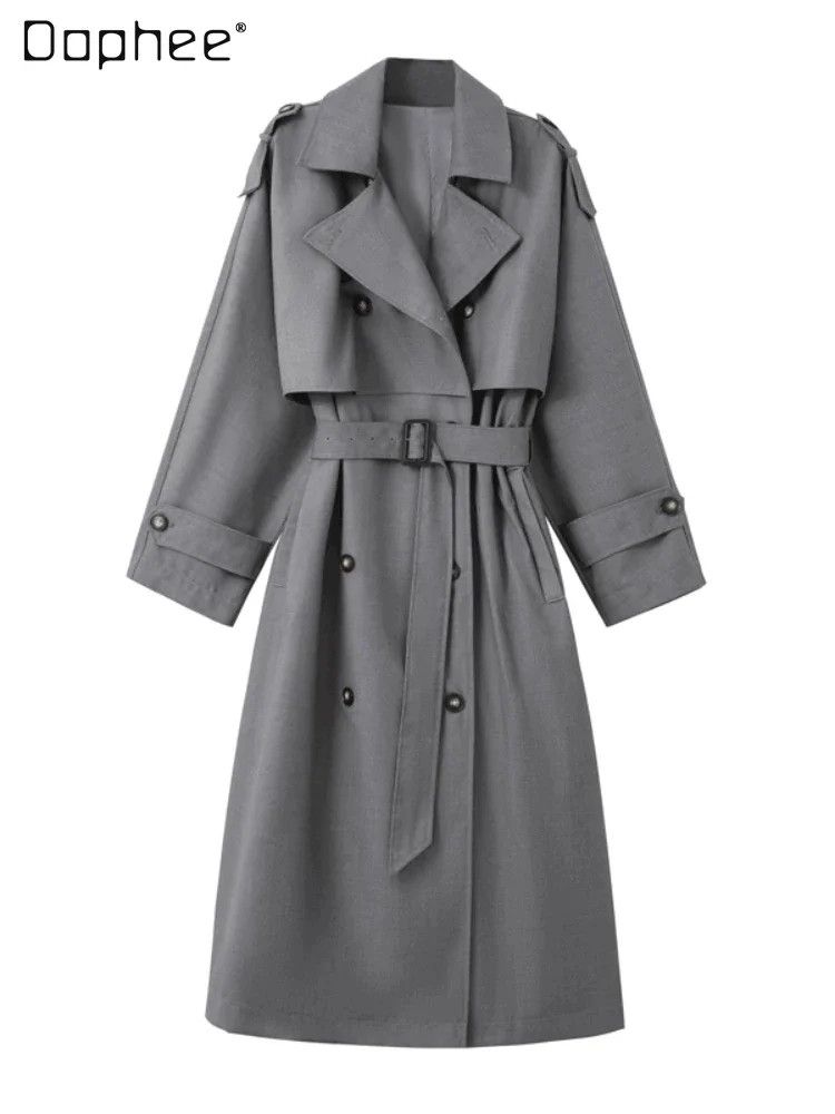 

British Style Women's Below The Knee Gray Trench Coat Popular Autumn and Winter 2023 New Loose Suit Collar Long Overcoat Female