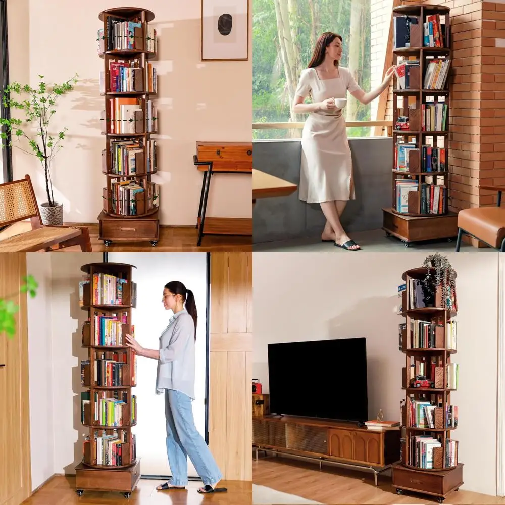 

Вращающаяся на 360 градусов книжная полка из массива дерева с выдвижным ящиком, книжный шкаф с вращающейся башней высотой 72 дюйма на колесах