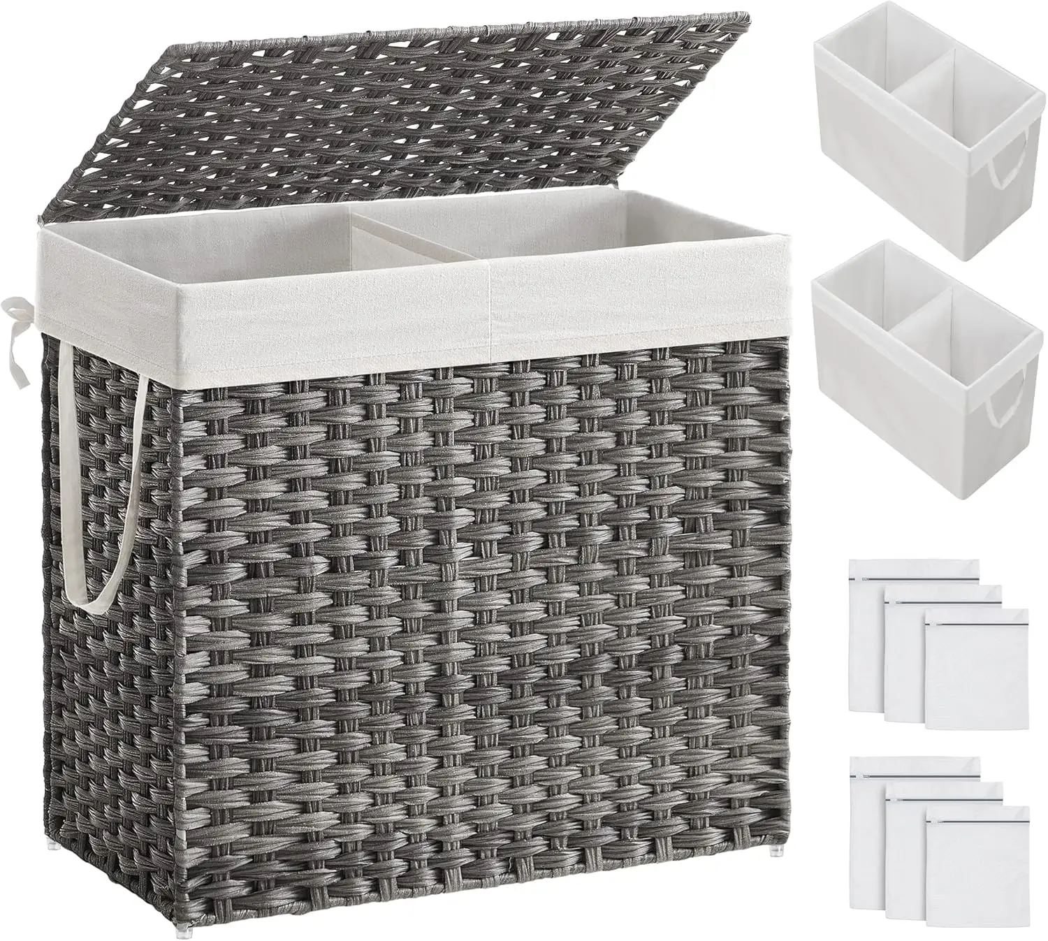 

130L Double Laundry Hamper with Lid, 2 Removable Liners, 6 Mesh Bags, Wicker Basket for Bathroom, 13x26x23.6 Inches, Gray