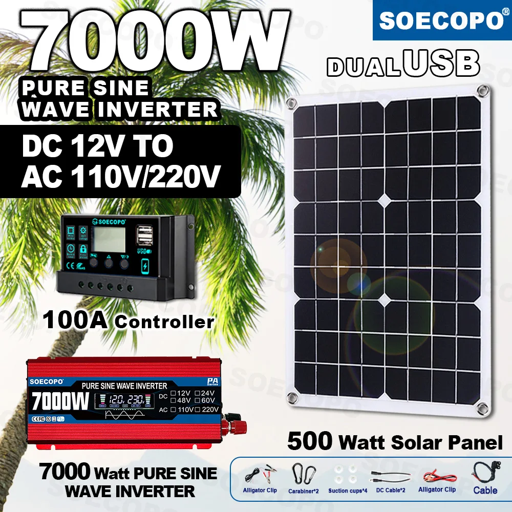 

SOECOPO 7000W Portable Solar System Kit: 500W Solar Panel Pure Sine Wave Inverter 12V To 110V/220V 100A Controller Camping Home