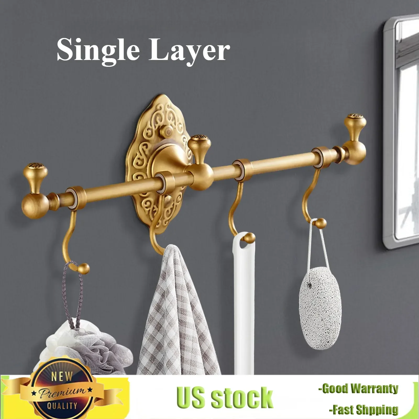 Bymaocar Perforated Wall Mounted Towel Rack with 4 Hooks, Single-layer Brass Towel Storage Rack 14.17*2.95in, Kitchen Towel Bar