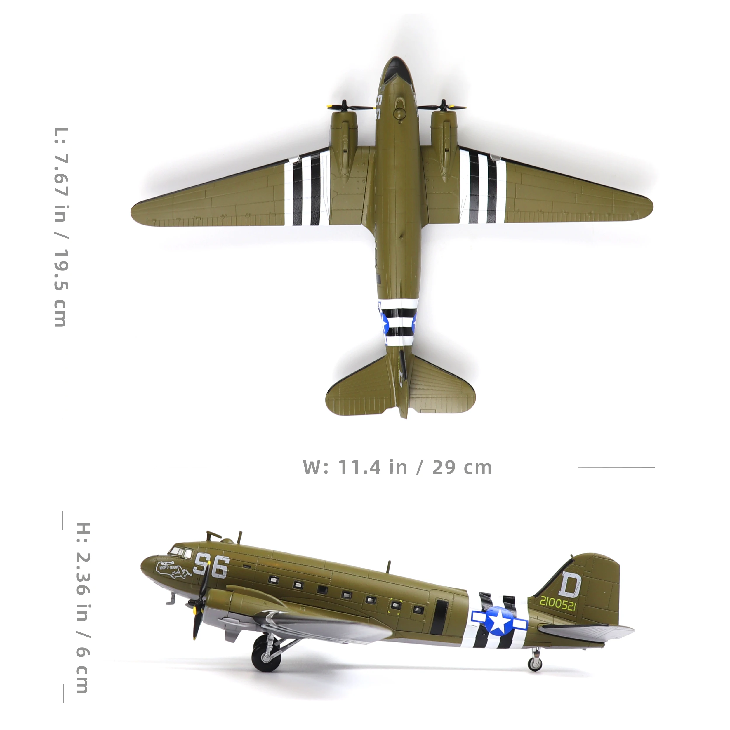 NUOTIE Douglas C-47 Skytrain 1/100 Metal Diecast Aircraft Model WWⅡ US C47 'Night Fright' Military Transport Model Airplane for