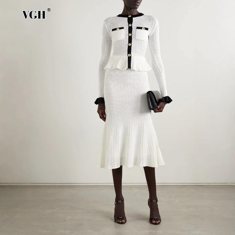 

VGH Hit Color Комплект из двух предметов для женщин с круглым вырезом и длинным рукавом в стиле пэчворк с оборками и подолом, длинная юбка, офисная женская одежда, женская новинка