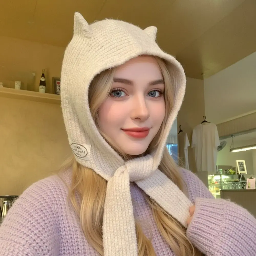 Милый корейский стиль, шарф, шапка, интегрированная вязаная Балаклава, теплая универсальная шапка-бомбер в стиле ретро, женская осенне-зимняя шапка