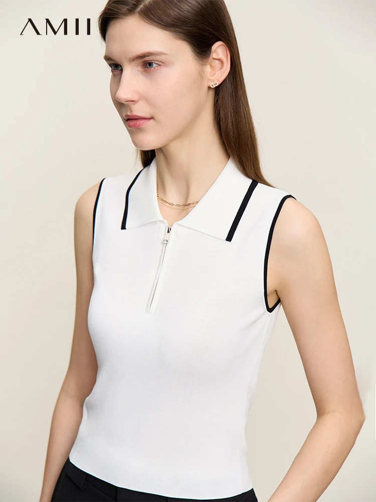 

AMII Minimalism Fashion Modern Polo Neck Camisole&Vest Contrasting Colors Slim Knitted Office Lady Casual Top Women 12342644