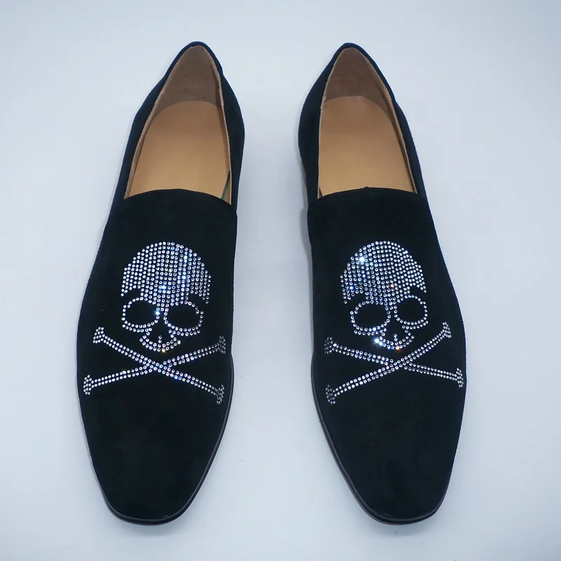 Luxury Men Black Suede Dress Shoes Skull Pattern Rhinestone Loafers For Men Handmade Crystal Shoes Mens Leather Casual Shoes