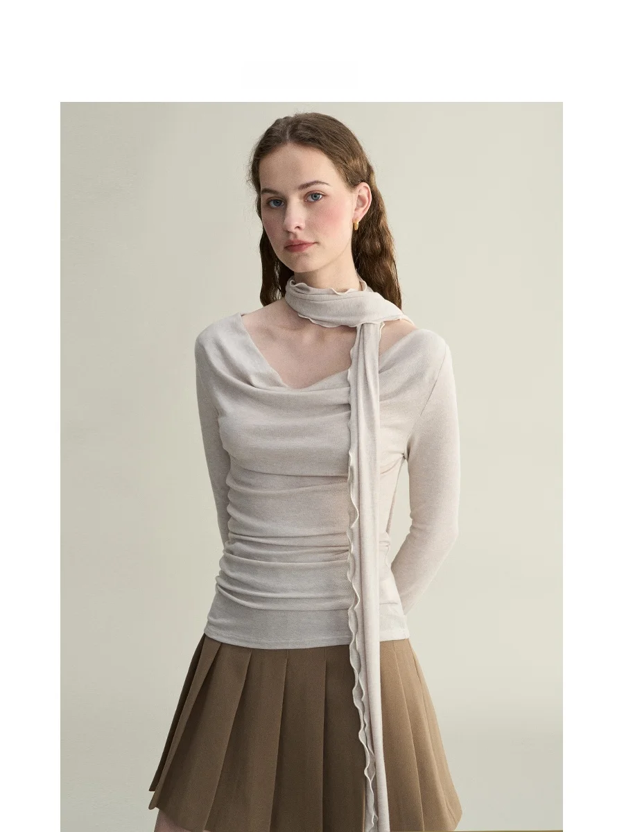 

LIMONN ранняя осень, мягкая футболка с лентой, похожая на кожу, вязаный топ, женский повседневный облегающий длинный све Faion