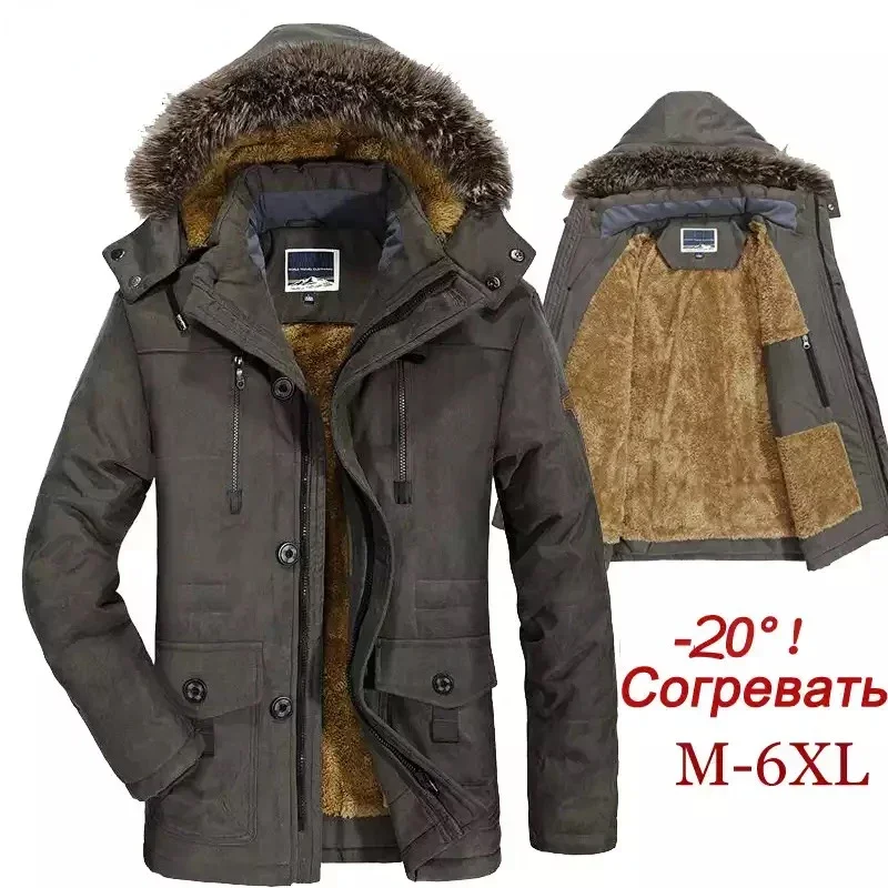 

Men's Winter Parkas Vintage Faux Fur Hooded Fleece Lined Long Windproof Coat Casual Outdoor Ski Hunting Cotton Pad Warm Jacket