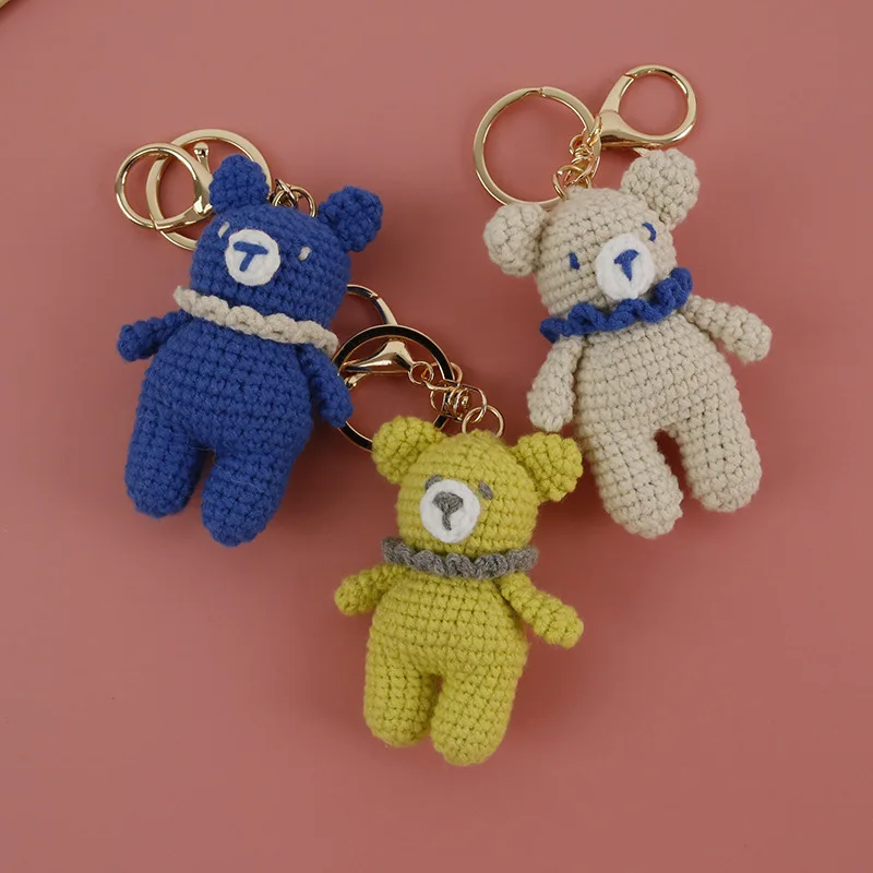 Handmade Crochet Collar Bear Keychain, Simple Solid Color Mini Teddy Amigurumi Bag Pendant Gift