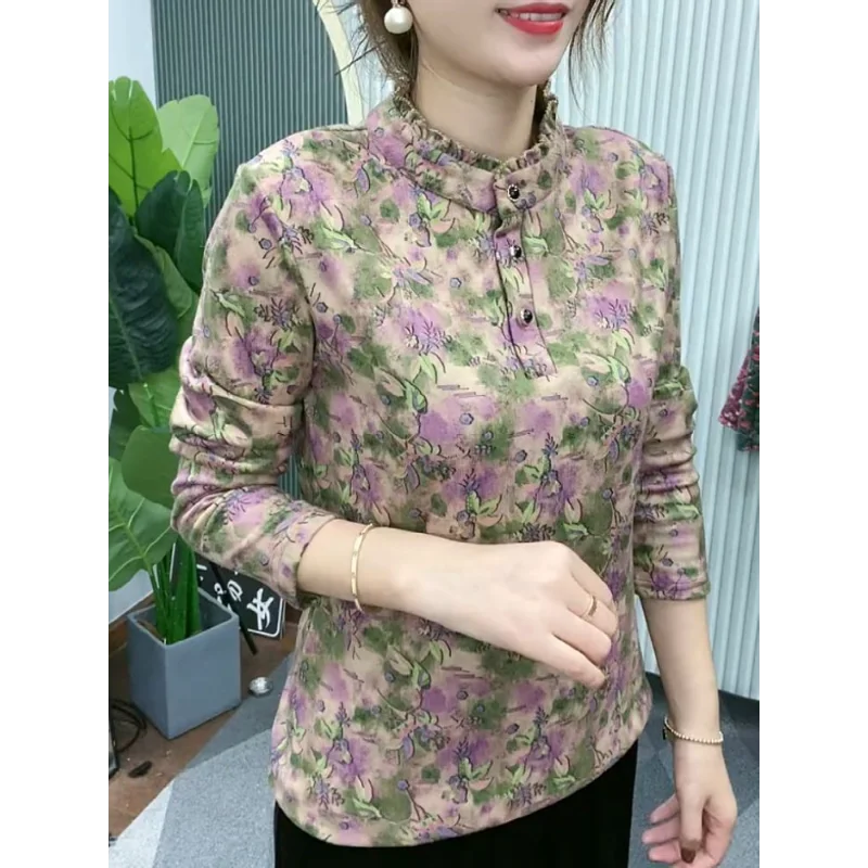 Women Floral Print Fleece Lined Thermal Top Ruffle Collar Long Sleeve Stretch Warm Winter Casual Blouse