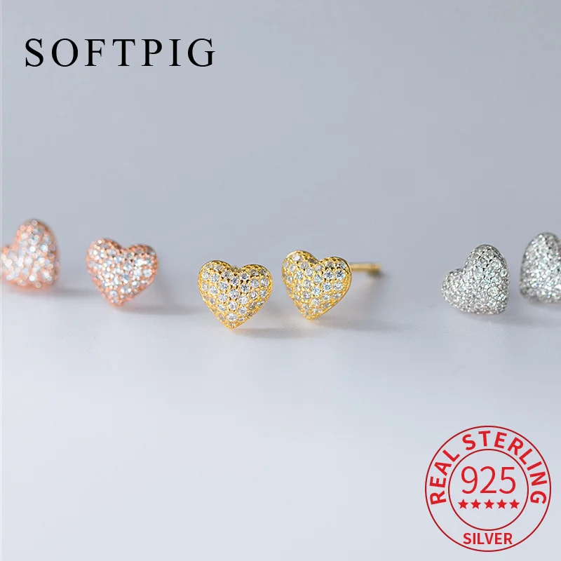 

SOFTPIG Real 925 Sterling Silver Zircon Heart Mini Stud Earrings for Women Cute Fine Jewelry Light Luxury Advanced Accessories