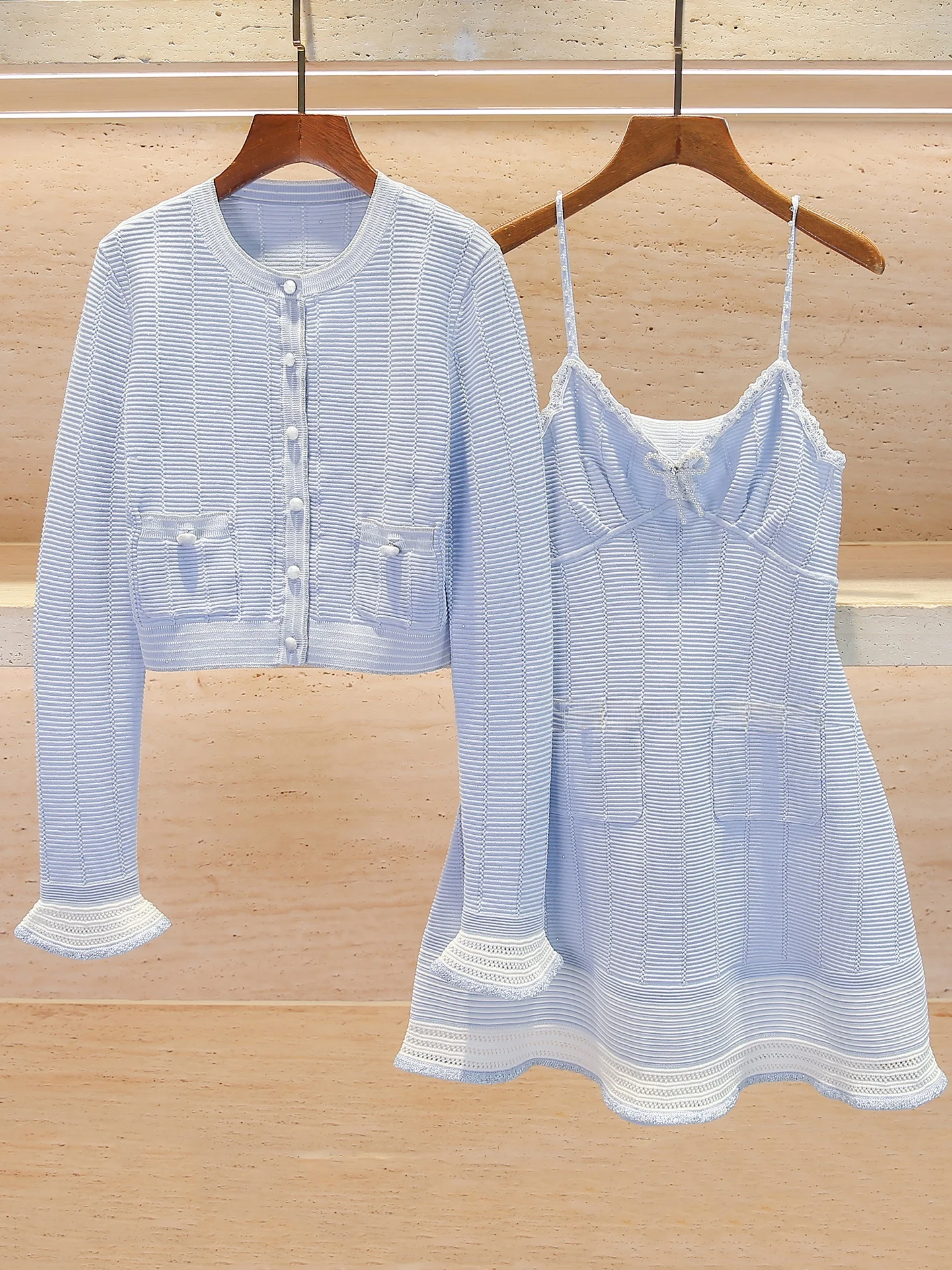 

High-End Knitted Knot Dress Set Summer Collection Women's Fashion Casual Wear Polyester Fiber round Neck Button Detail