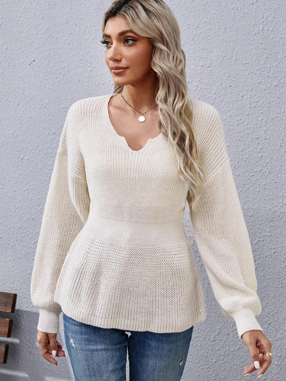 ZAFUL Women's Daily Elegant V-notch Drop Shoulder Peplum Winter Regular Drop Shoulder Sweater