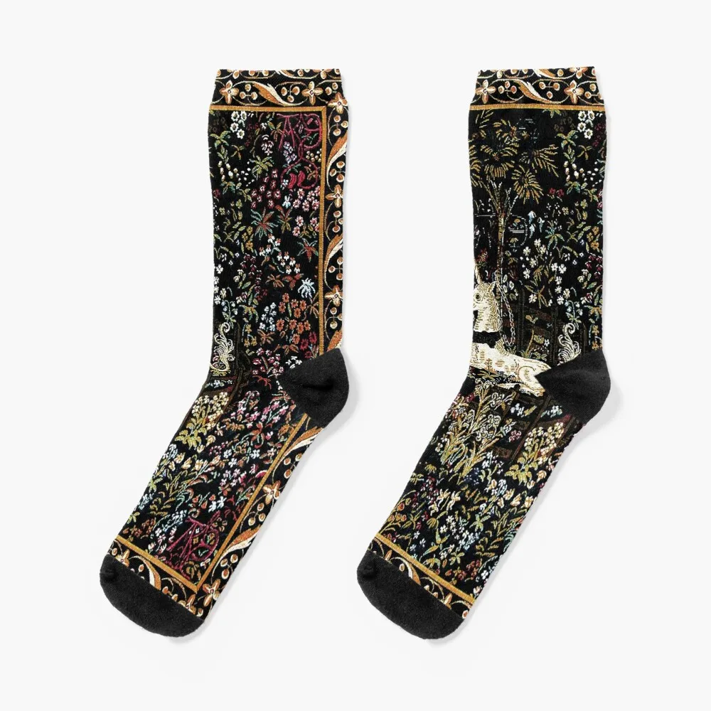 The Unicorn in Captivity Black Floral Tapestry Socks snow sport hip hop Socks Women Men's