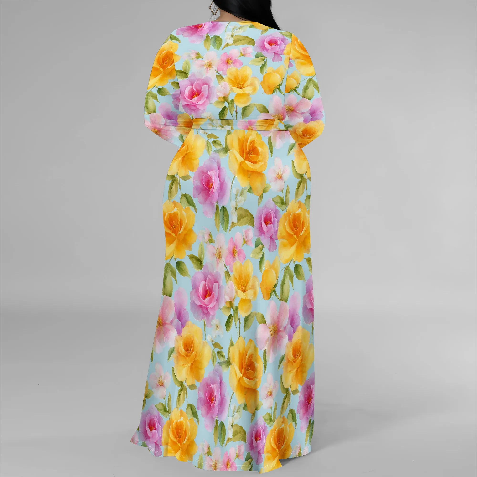 Plus Size Dresses for Women Floral Print Maxi Dress Slit Flowy 3/4 Sleeve with Belt