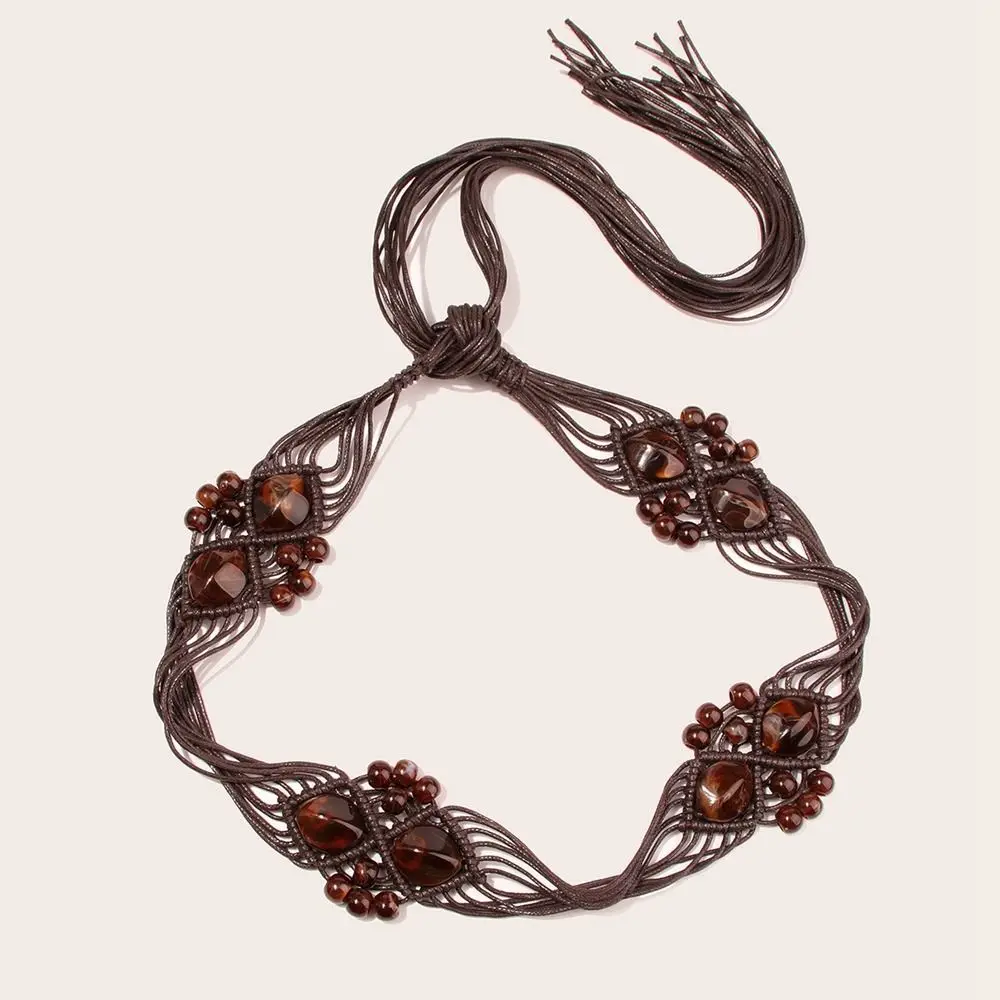 Retro Beach Wax Rope Boho Hand Woven DIY Waist Rope Ethnic Style Belts Braided Belt Round Wooden Button Women Waist Chain