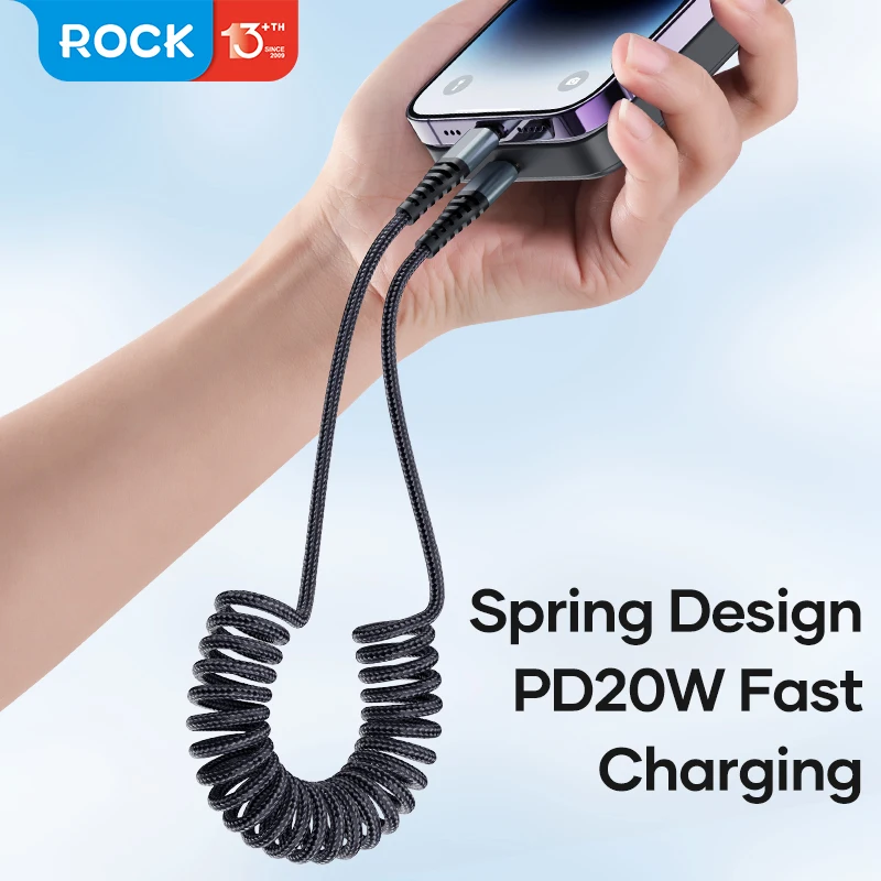 ROCK Retractable Spring USB Cable For iPhone 14 13 12 11 Pro Max XR XS Fast Charging Charger Metal Cable Wire Data Cord Adapter
