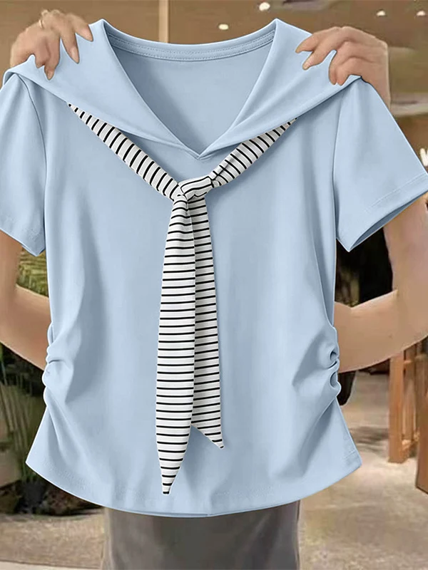 Camiseta de verano con cuello marinero y manga corta para mujer, holgada, talla grande, versátil, adelgazante, con rayas, estilo coreano, de algodón
