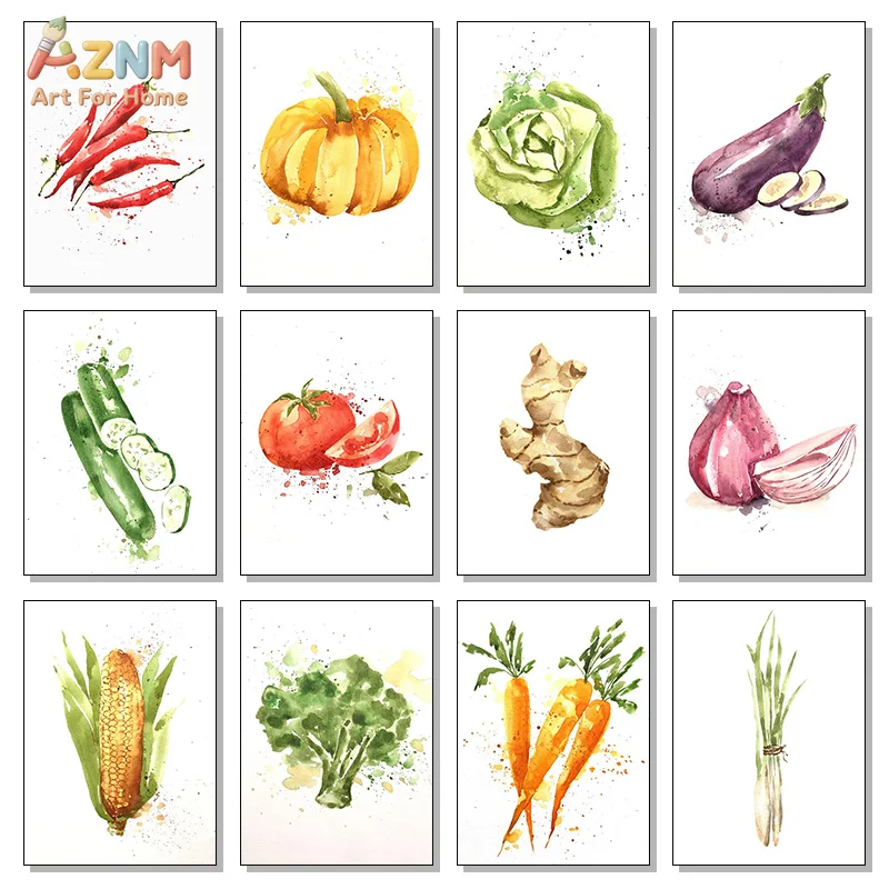AZNM Watercolor Vegetable Canvas Print Pumpkin Chili Tomato Carrot Broccoli Fresh Food Minimalist Kitchen Dining Room Wall Poste