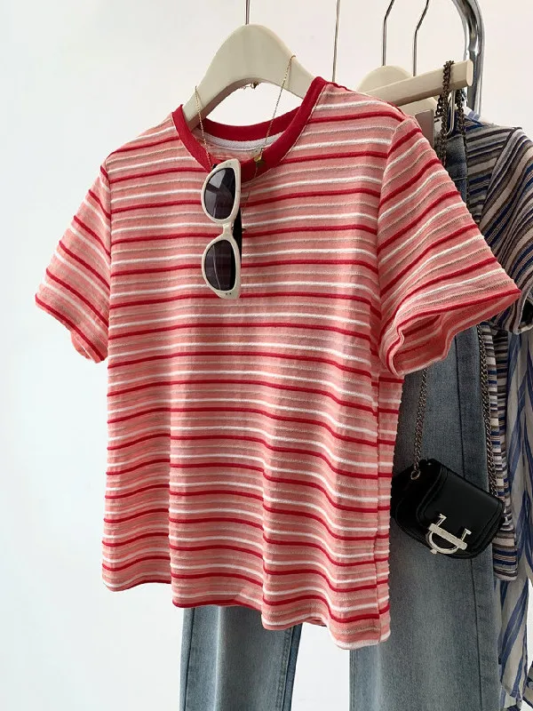 Camiseta de manga corta a rayas para mujer, talla grande, roja y blanca, informal, holgada, para usar por debajo, camiseta básica, top de verano, ropa de talla grande