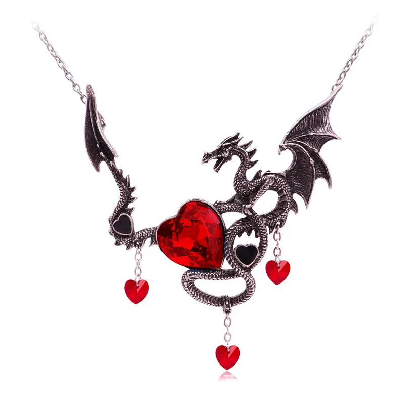 Gothic Heart-Shaped Men\'s Pendant Necklace Zircon Inlaid Fashion Jewelry Dragon Personality Punk Hip Hop Domineering Necklace