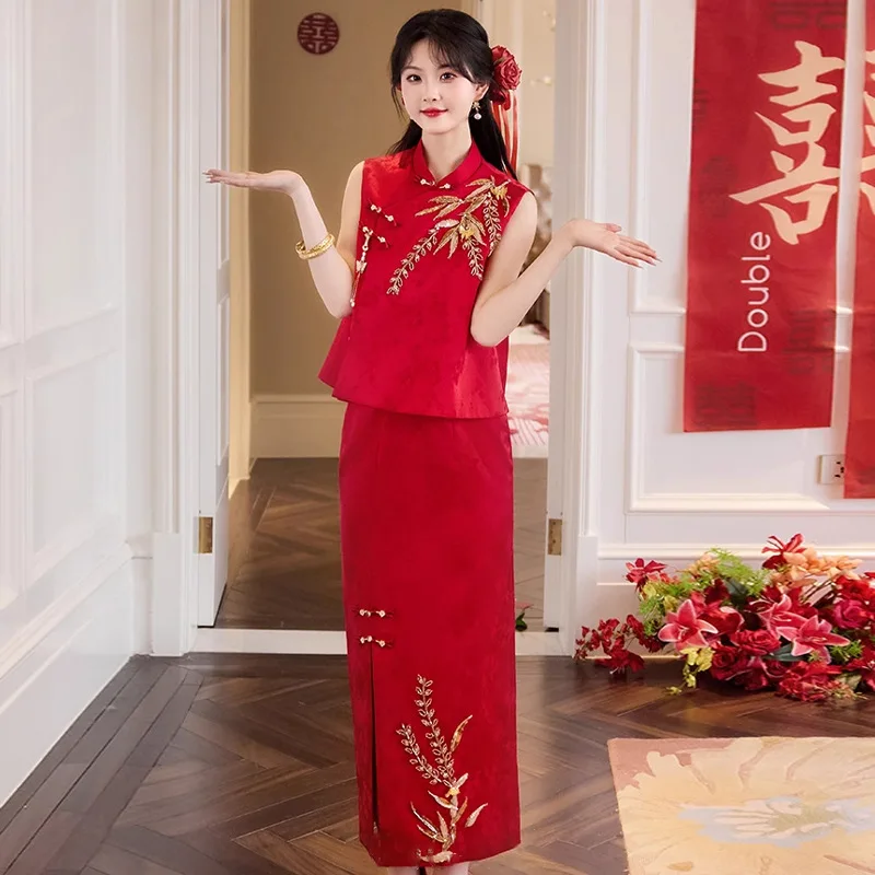 

Elegant Marriage Clothing Party Gown Cheongsam Luxury Bride Sequins Embroidery Beaded Tassel Wedding Dress