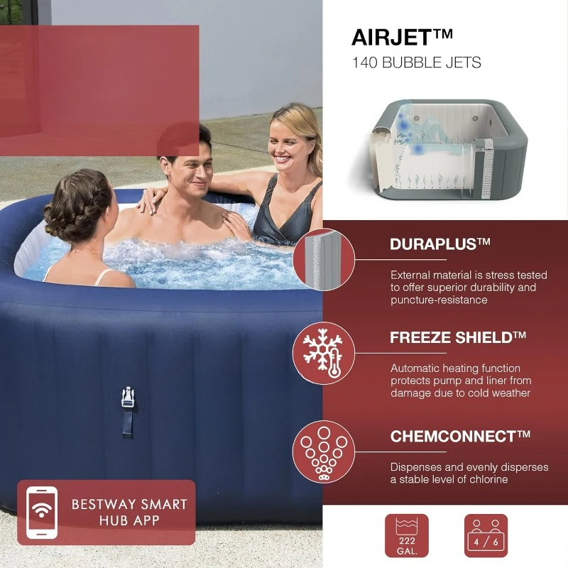 Inflatable Hot Tub Square Portable Outdoor Spa 140 Soothing Jets Cover,Features Freeze Shield Automatic Heating Function