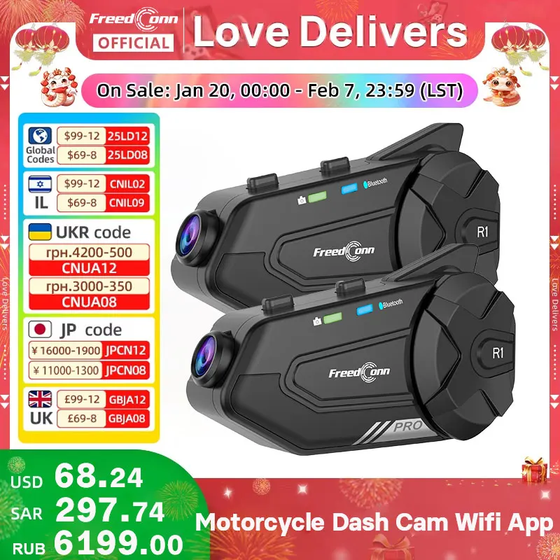 Motorcycle Intercom Helmet Bluetooth Headset Group Speaker Headphone WiFi App Freedconn R1Pro Motorbike Dash Cam Moto Auto Dvr