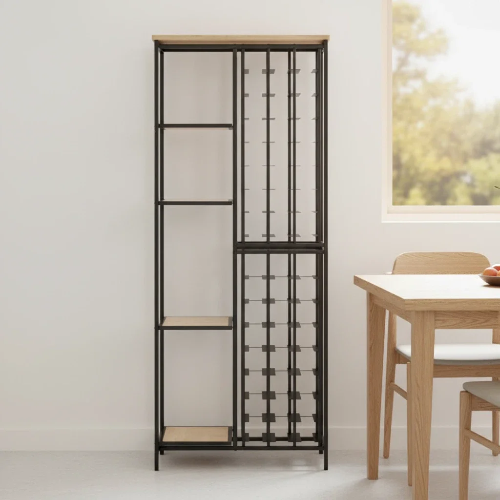 

Indoor Kitchen Home Rustic Standing Storage Shelf Metal Wooden Wine Rack For Many Bottles