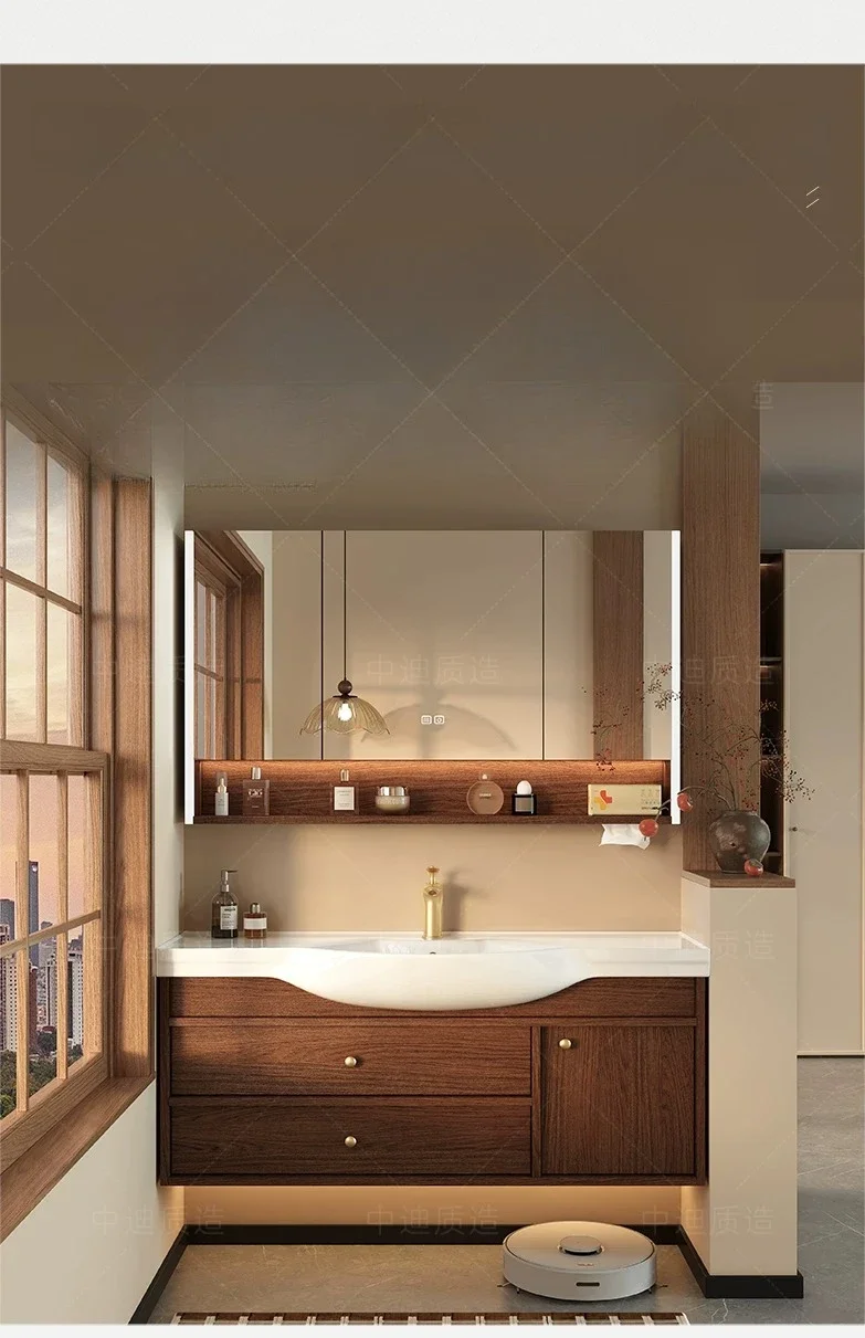 Super narrow small bathroom cabinet set, retro ceramic integrated basin toilet cabinet, bathroom washbasin customization