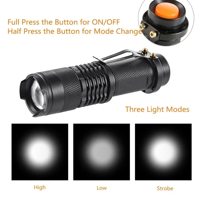 Portable Aluminum Waterproof 3/5 Modes Zoomable Led Flashlight Torch Tactical light AA 14500 Black