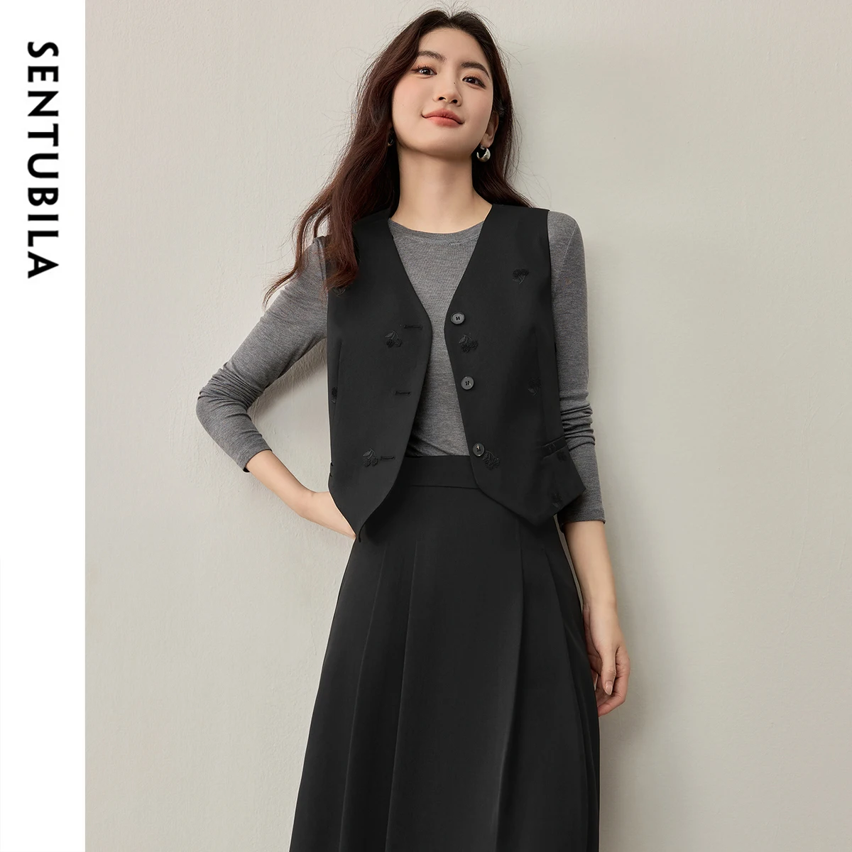 Sentubila colete saia ternos roupas de escritório feminino 2025 outono cereja bordado colete curto plissado saia linha a 153za2655