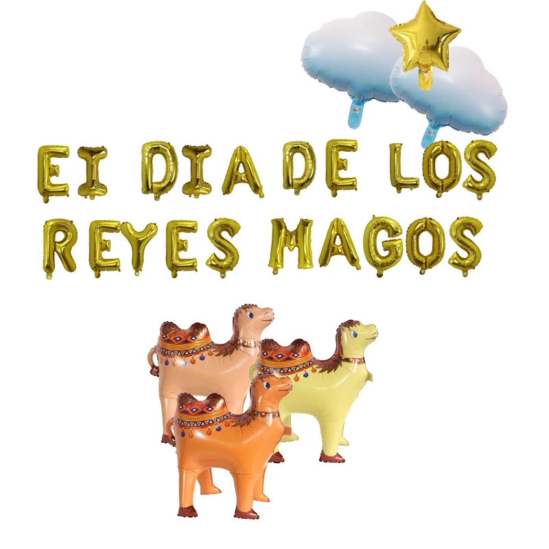 Decoration items for the Spanish Epiphany, Three Kings Festival, stars, clouds, letters, camels, aluminum film balloons