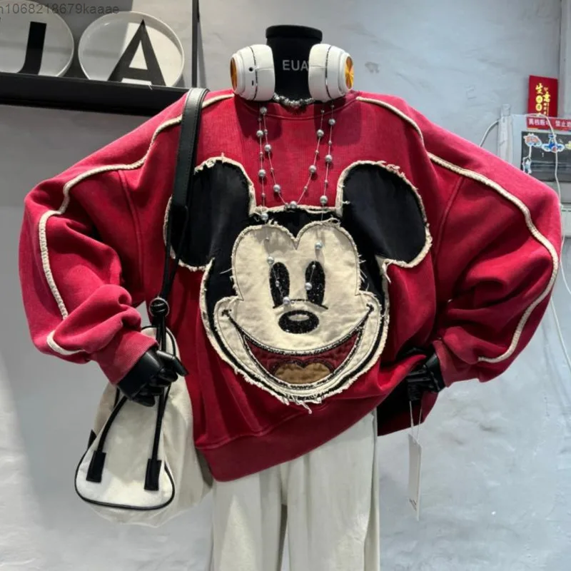 Disney-Sudadera con capucha de cuello redondo para mujer, suéter informal de manga larga con dibujos animados, Tops versátiles de tendencia, otoño e invierno