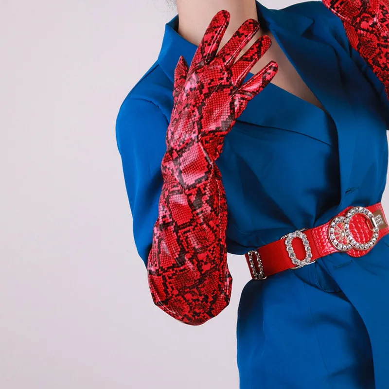 Red Patent Leather Gloves for Women 28cm Faux Leather Imitation Sheepskin Snakeskin Printed Cosplay PU Gloves