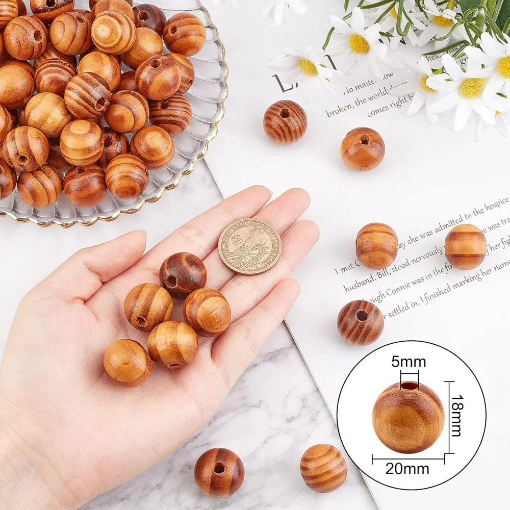 120PCS Natural Wood Beads 20mm Round Striped Wood Beads Light Brown Assorted Wooden Loose Beads Spacer kit Kit