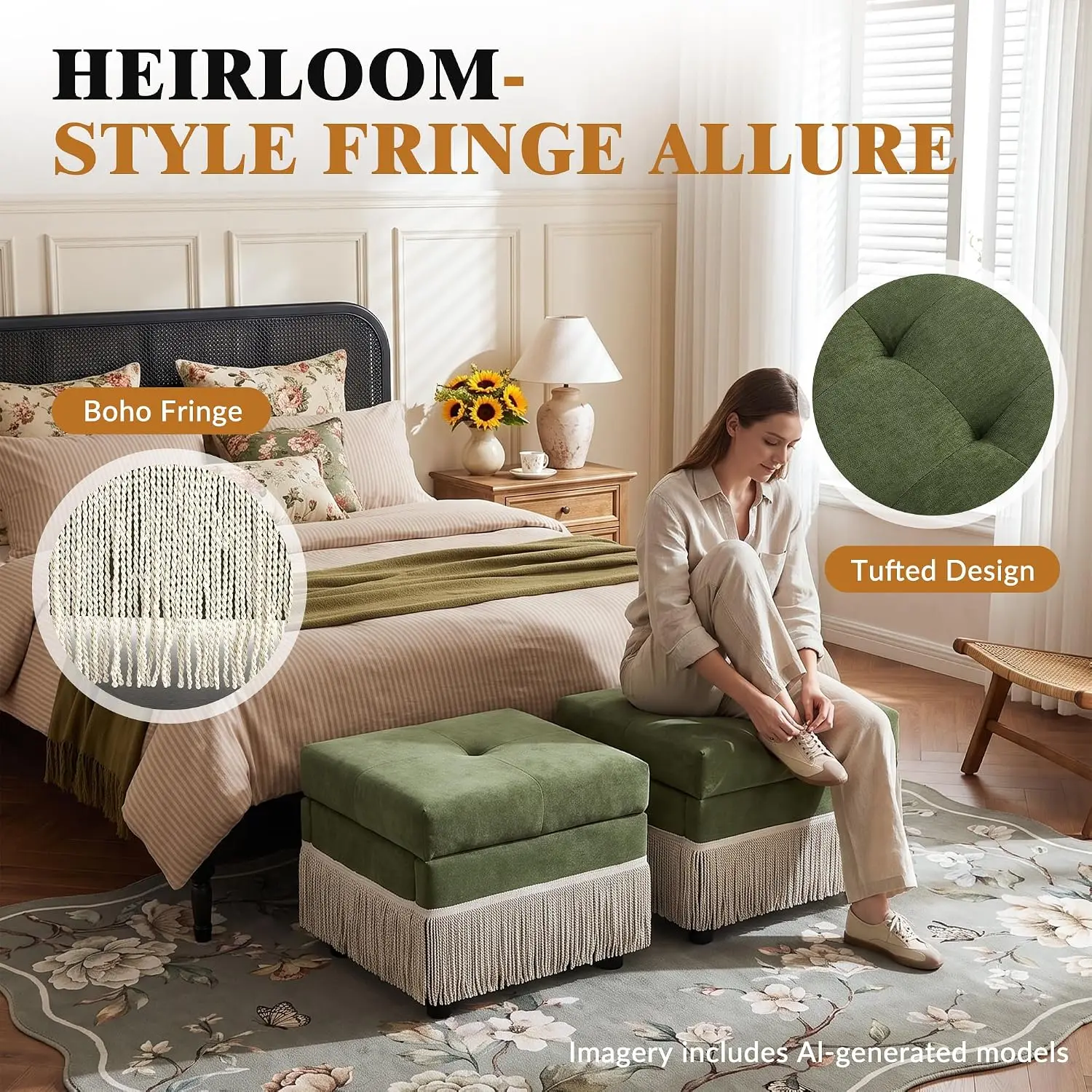 Square Fringe Storage Ottoman Button Tufted Chenille Pouf Footstool Bench for Entryway Living Room, Customized