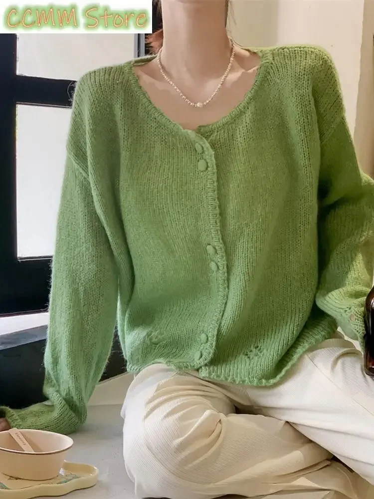 

Camel green thin big size Knitting Cardigan Sweater O-Neck Long Sleeve Women New Fashion Tide Spring Autumn