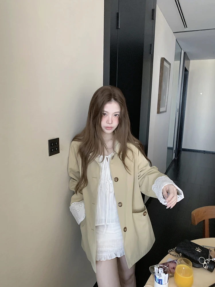 

Женское пальто Sasaouni i Color Lace Sve Patchwork, осеннее, для повседневной носки, свободного кроя, из смесового хлопка, с длинными рукавами, однобортное