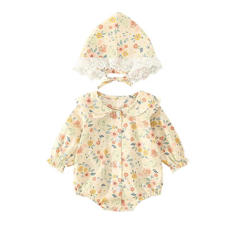 Zomer Baby Meisjes Romper + Hoed Katoen Peter Pan Kraag Ruches Kant Met Lange Mouwen Baby Rompertjes Pasgeboren Kleding Bebe Leuke kledingstukken