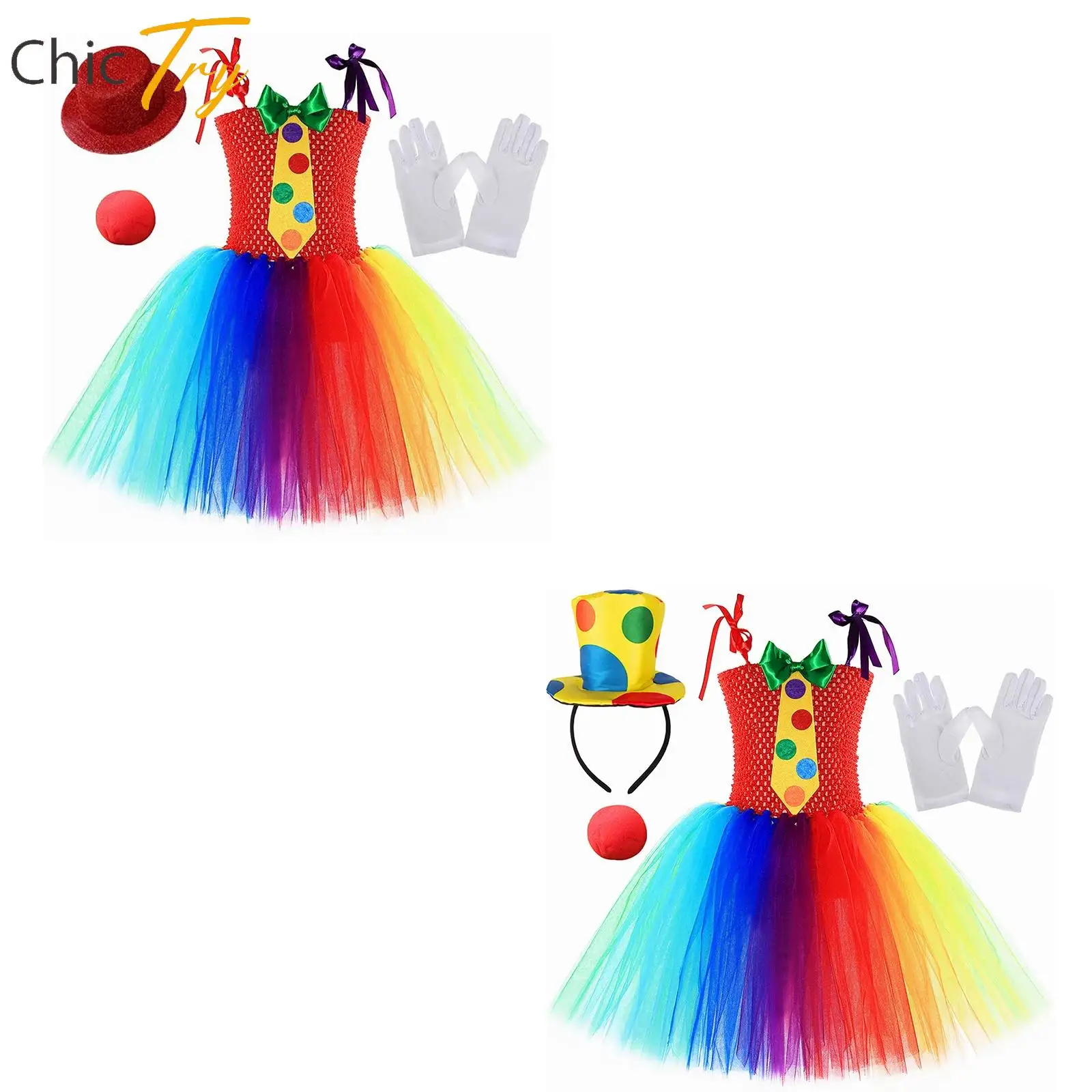 

Halloween Rainbow Circus Cosplay Costume for Girls Adjustable Tie-Up Style Bow Tie Puffy Dress with Accessories 4Pcs Sets