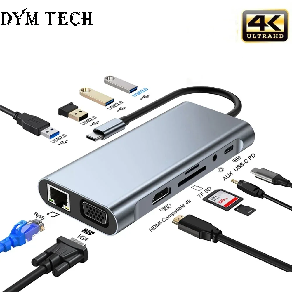 

11-in-1 4K USB C 3.0 HUB Type C to HDMI-compatible USB 3.0 Adapter Type C HUB Dock PD USB C Splitter for MacBook Pro Air