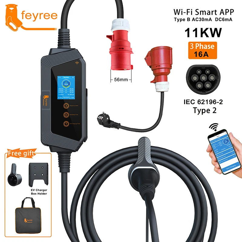 Feyree-cargador EV portátil tipo 2, 11KW, 16A, 3P, Control por aplicación Wi-Fi, caja de carga EVSE, enchufe CEE para vehículo eléctrico