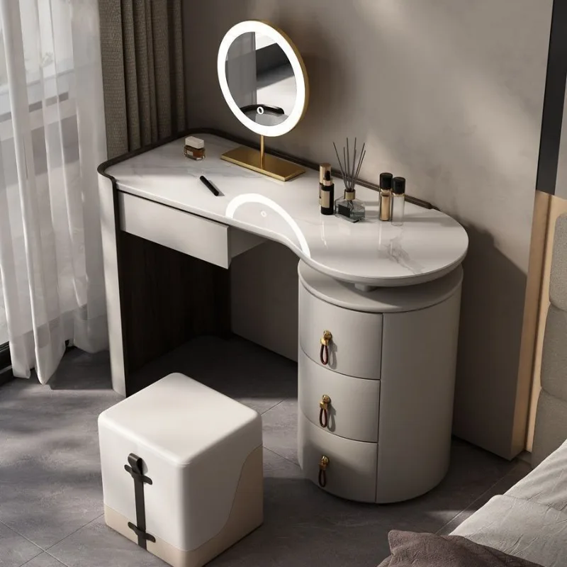 

Cream wind light luxury extremely simple saddle leather dresser luxury stone rock slab solid wood storage integrated small