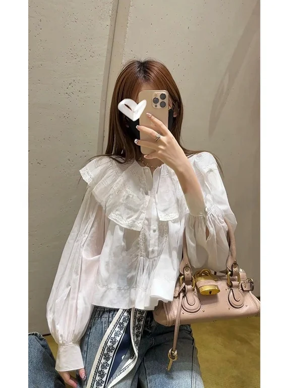 

Mimius Gentle Style Cotton Shirt for Women with Ruffle Doll Collar Loose Fit Slimming Sweet Anti-Aging Versatile Top