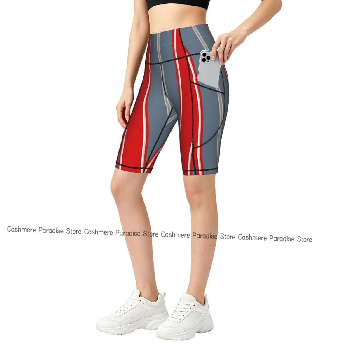 Double Pocket Sports Shorts Women Elastic Slim Striped Pattern Shorts Gym Exercise Running High Waist Yoga Fitness Shorts